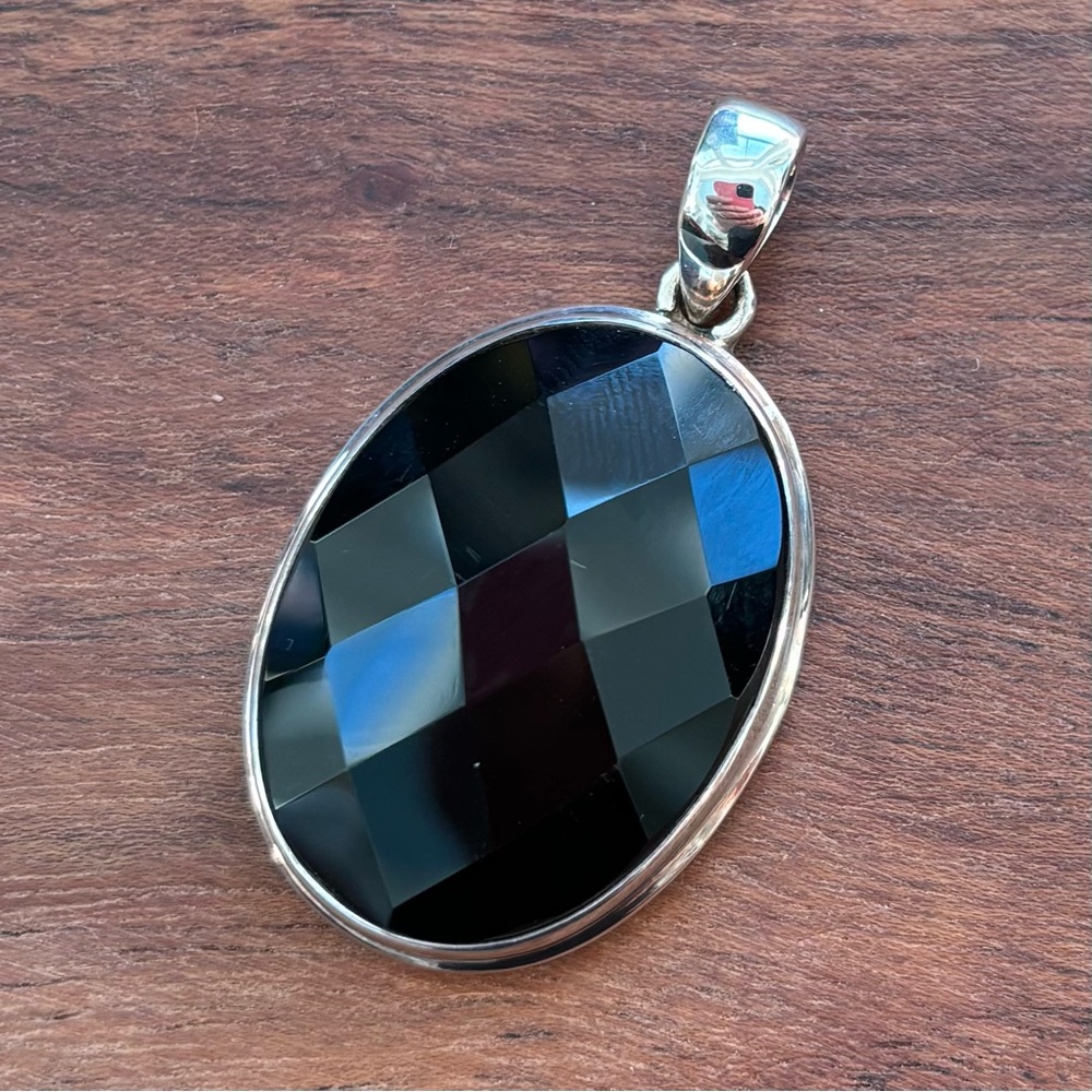Large Sterling Silver Faceted Black Onyx Silver Pendant